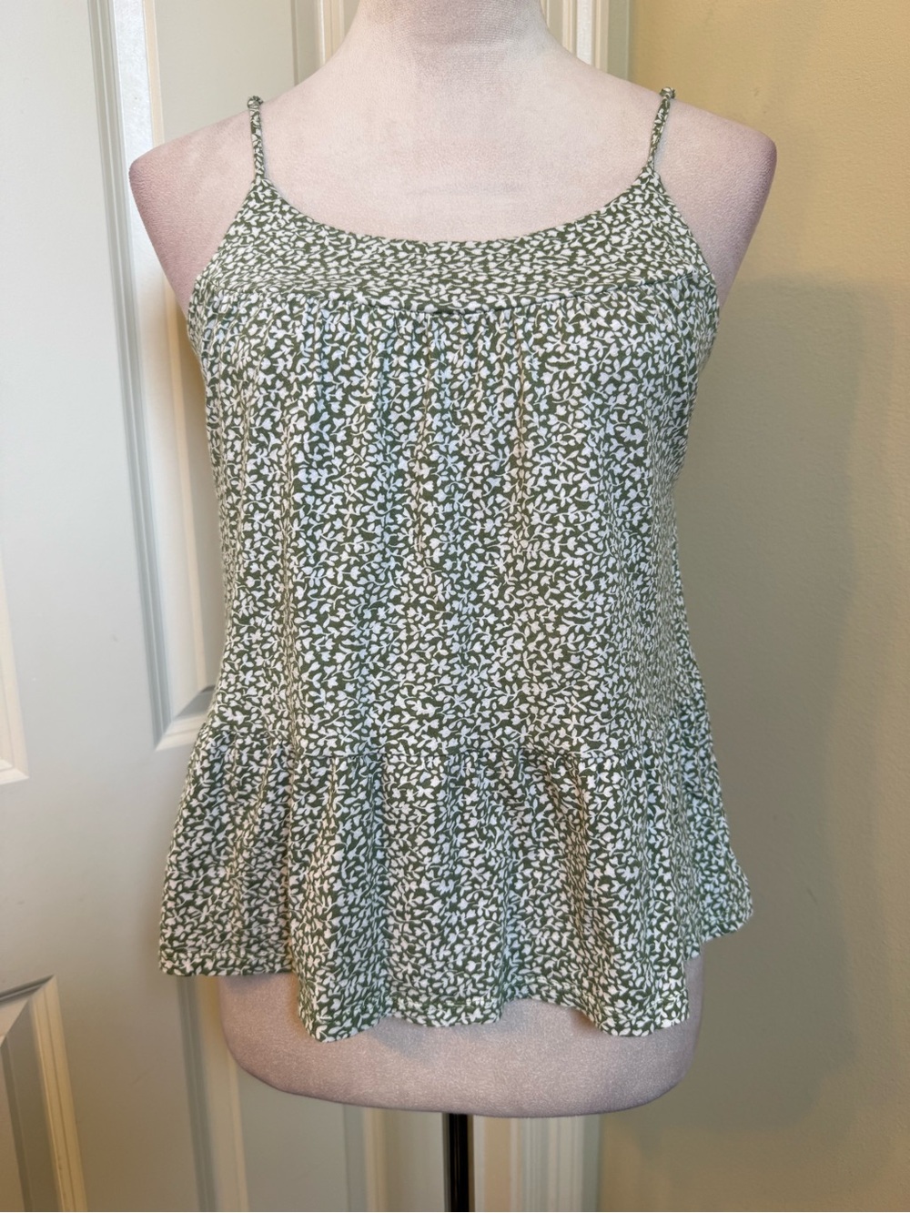 LOFT Olive Green and White Floral Spaghetti Strap Peplum Camisole